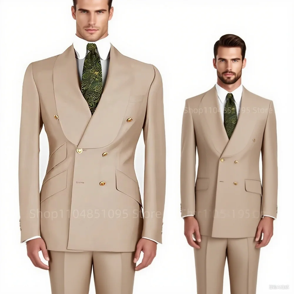 

Мужские элегантные повседневные костюмы цвета хаки, модные деловые свадебные смокинги для жениха, двубортный пиджак и брюки с остроконечными лацканами