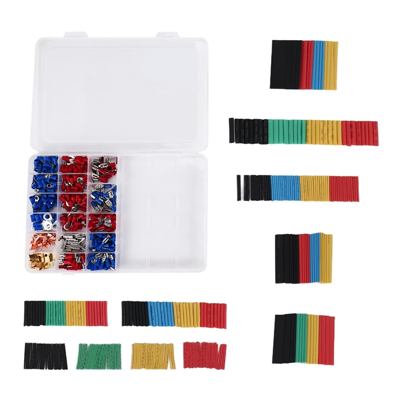 ABRE-678Pcs Electrical Wire Terminals Set, 350 PCS Crimp Terminals Butt Connectors + 328 PCS 2:1 Heat Shrink Tubing Assorted Ins