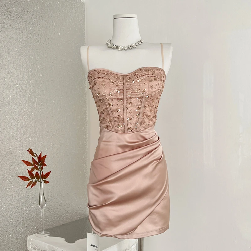 

French Sequins Halter Dress Women Elegant Spaghetti Strap Bodycon Champagne Dress Saitn Zip Up Evening Party Dresses Female