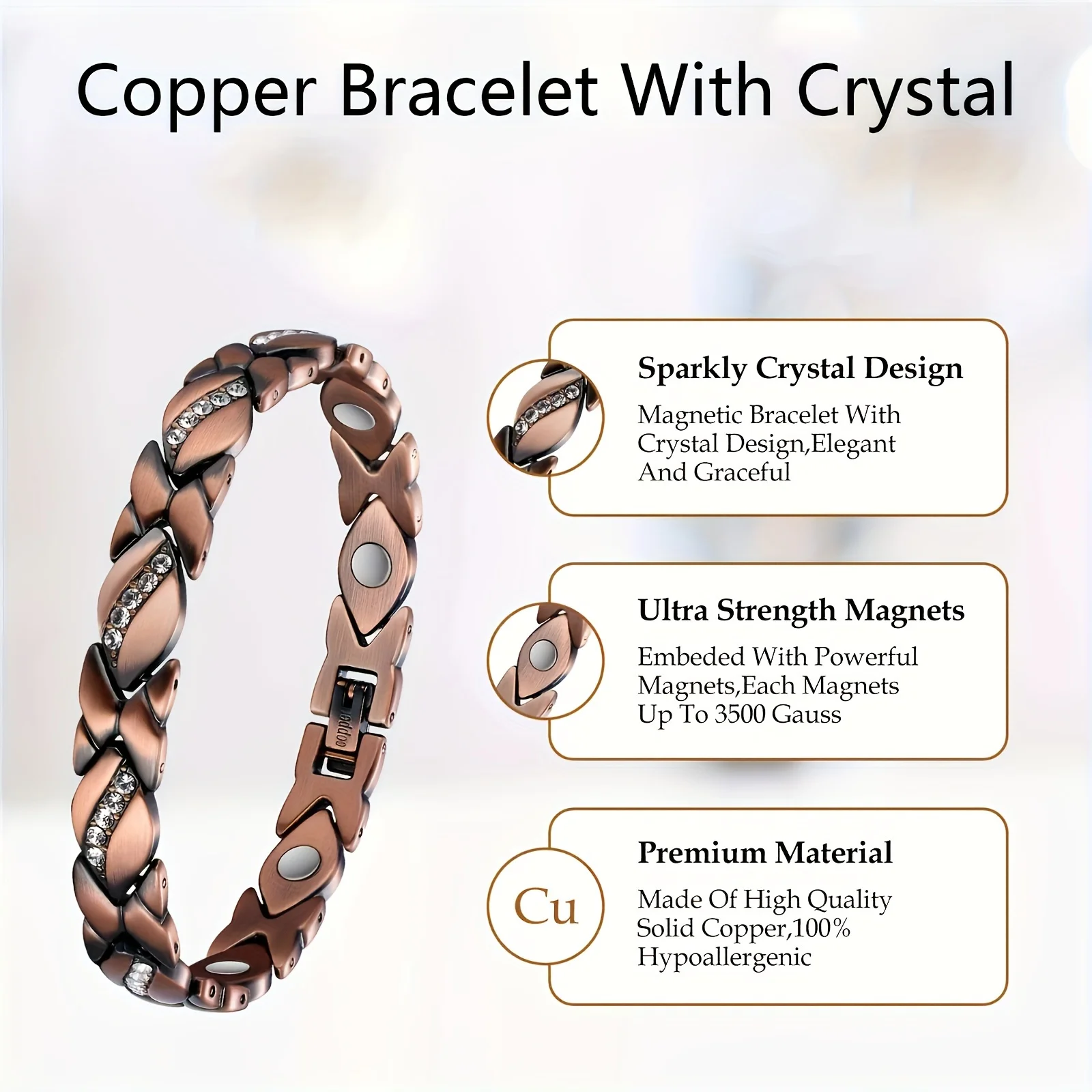 Womens 3500 Gauss Copper Magnetic Therapy Bracelet - Enhanced Lymphatic Drainage - Ideal for Health, Birthdays, Mothers Day, and