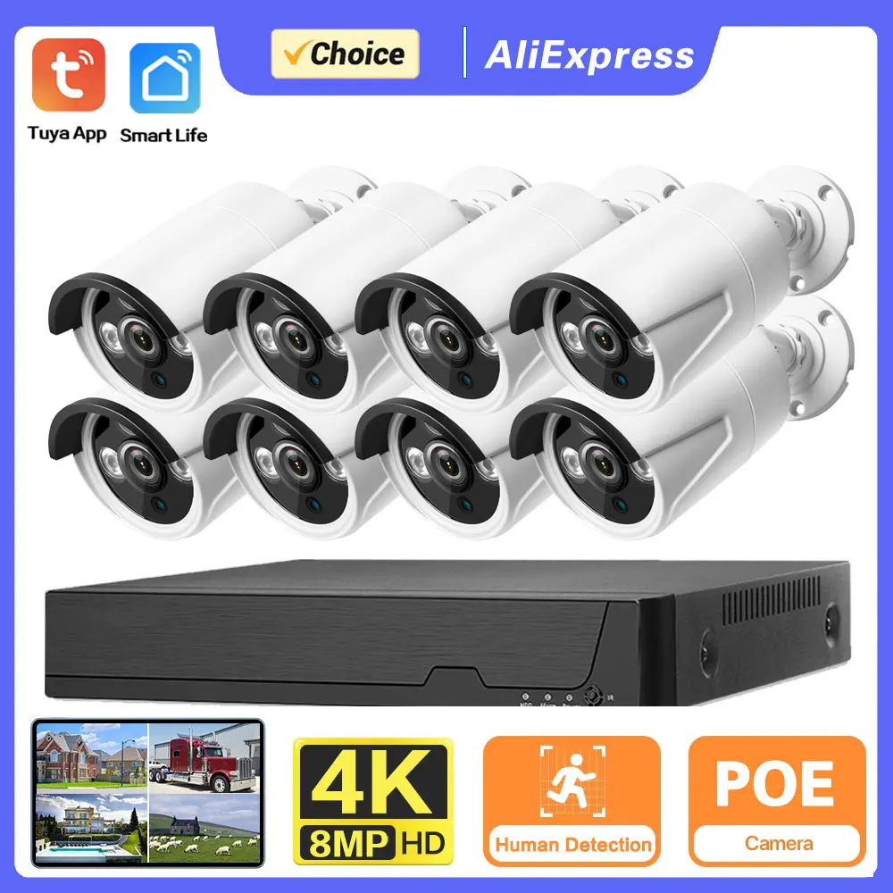 TUYA 8CH POE NVR 8MP Ultra HD Video Surveillance System 4K IR Network POE Camera Built-in Mic IP67 Waterproof CCTV Security Kit