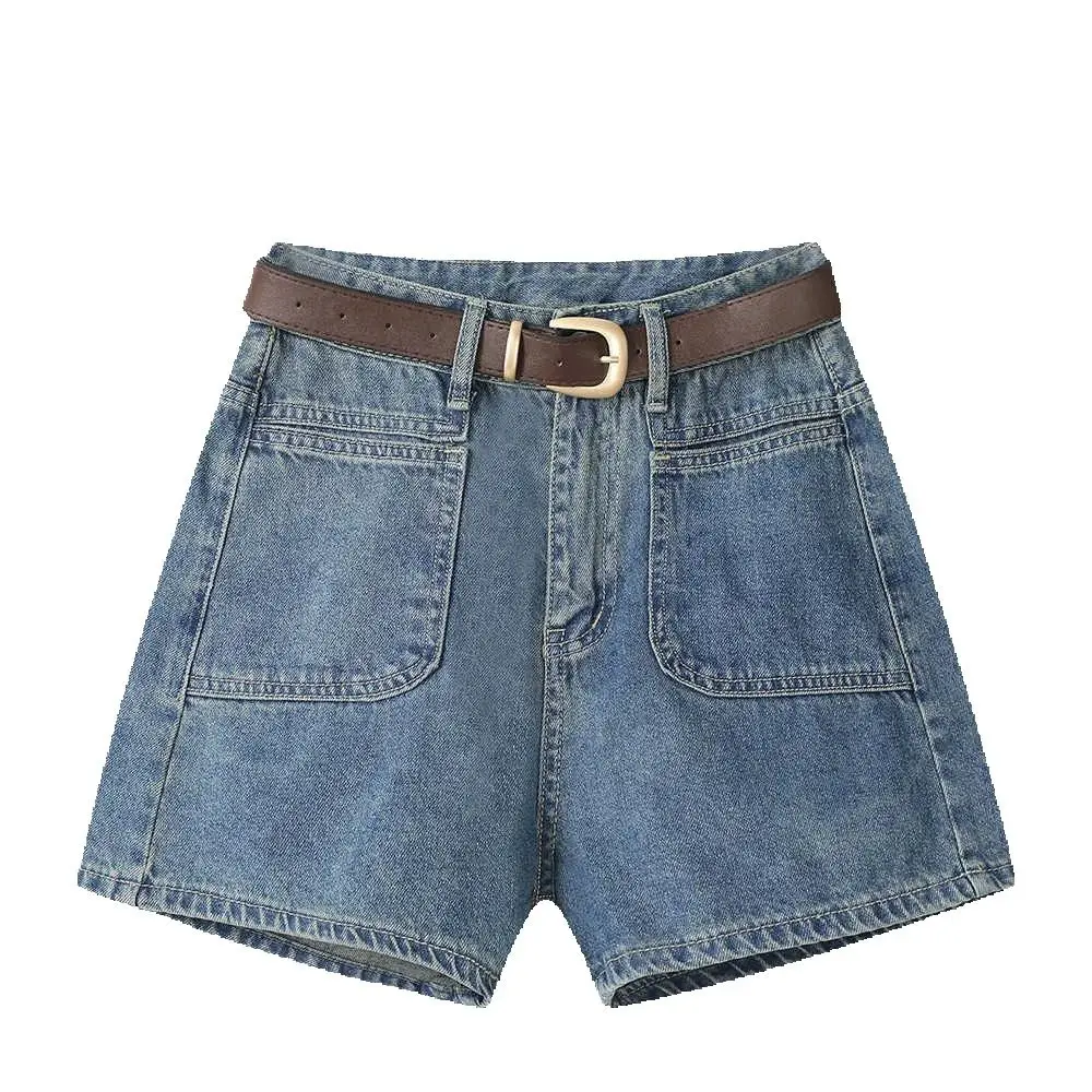 

High-waisted Slim-fit With Belt Denim Shorts 2026 Women Summer Loose A-line Wide-leg Hight Weight Pants