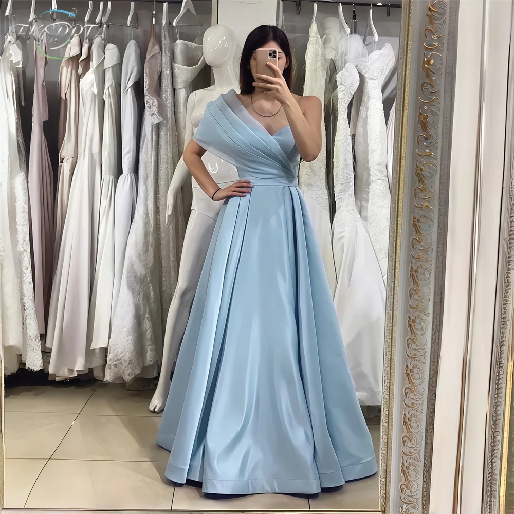 Elegant A Line Baby Blue Long Evening Dress One Shoulder Corset Back 2026 High Quality Satin Prom Party Gowns Plus Size