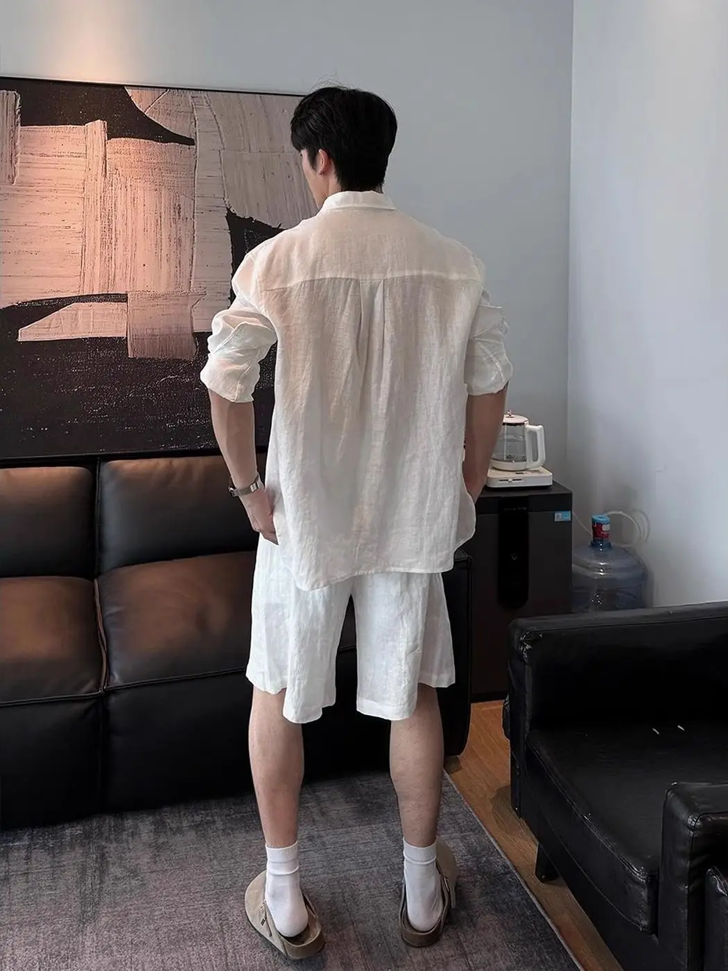 Spring/Summer Men's Matching Sets French Casual Fashion Loose White Lapel Long Sleeve Shirt Elastic Waist Shorts 2 Pieces Set view 2