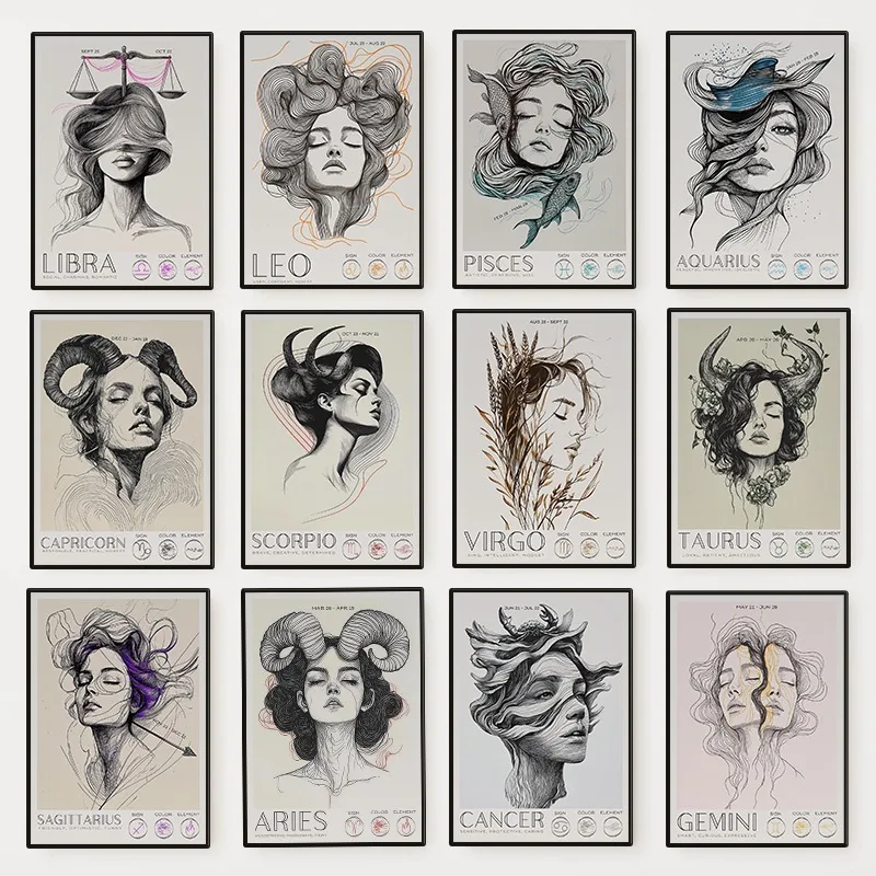 Zodiac Sign Female Portrait Poster Astrology Constellation Trending Canvas Painting Wall Art for Room Home Decor Birthday Gift