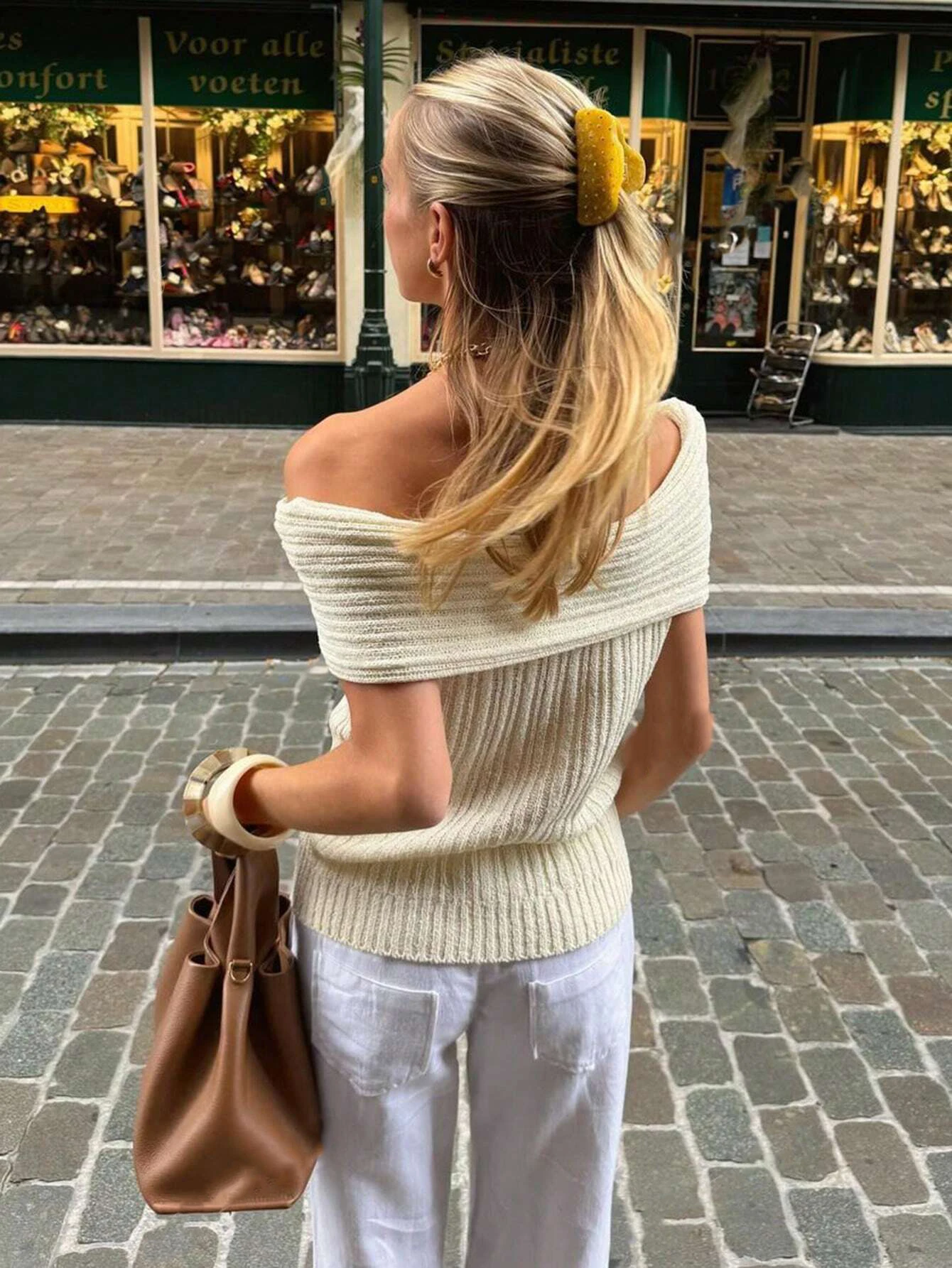 Women's Beige Ribbed Knit Off-Shoulder Crop Top Casual Sleeveless Slim Fit Knitwear