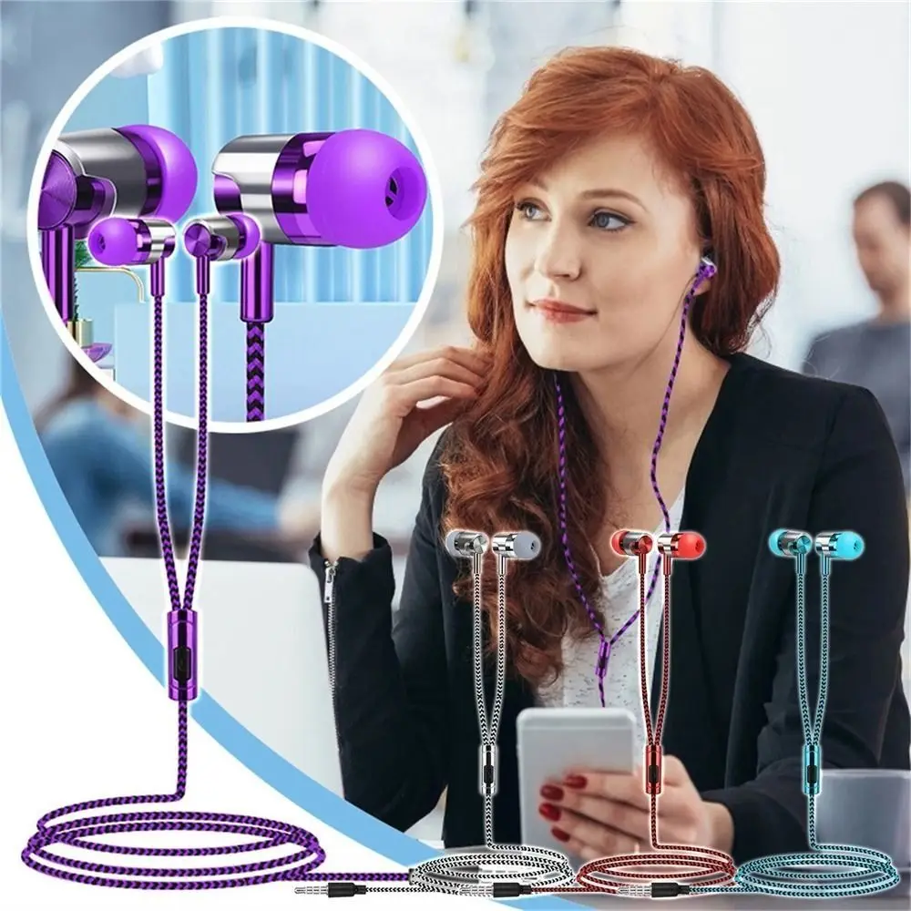 Smart Phone Bass Stereo Weave Cable Wired Control Braided Cord With Microphone Earphone Earbuds Wired Eraphone In-ear Headset
