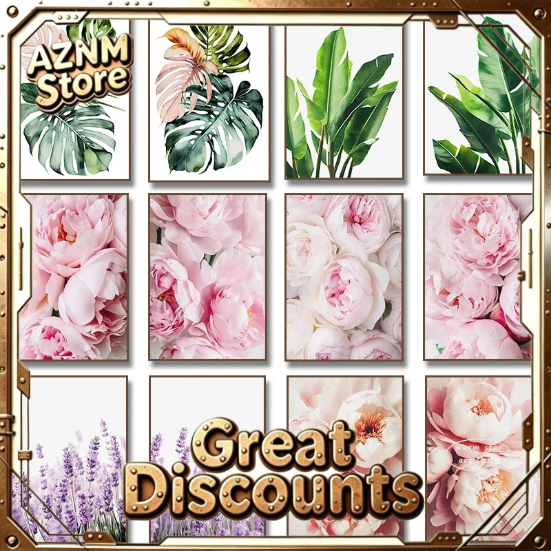 1pc framless Canvas Painting Peony Tropical Monstera Leaves Flower Print Blush Pink Lavender Botanical Canvas Painting Poster