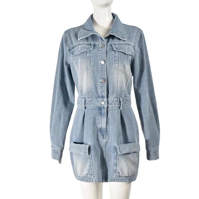 Women Cargo Style Denim Mini Dress Turn Down Collar Long Sleeve Single Breasted Pockets Loose Casual Jeans Dresses Streetwear