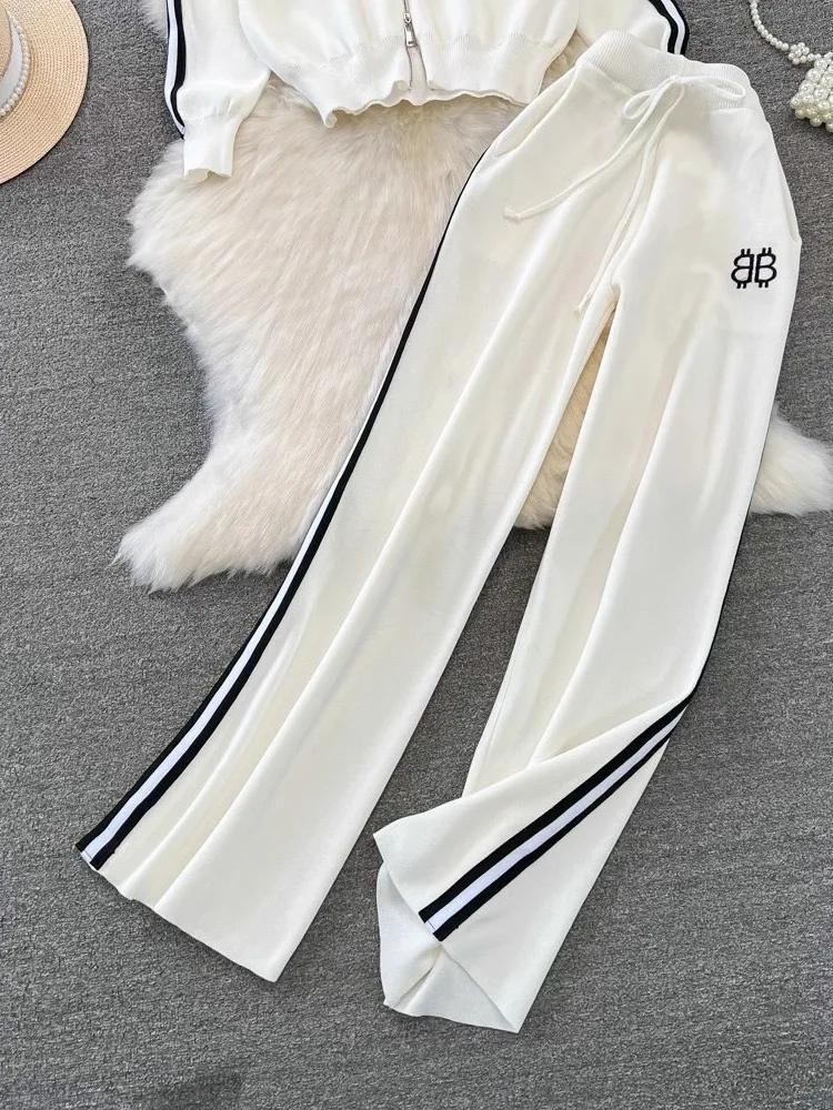 Casual Side Stripe Knitted Women Tracksuit Korea Jackets Sweatcoats Tops Two Piece Sets Lace-up High Wiast Wide Leg Pants Outfit