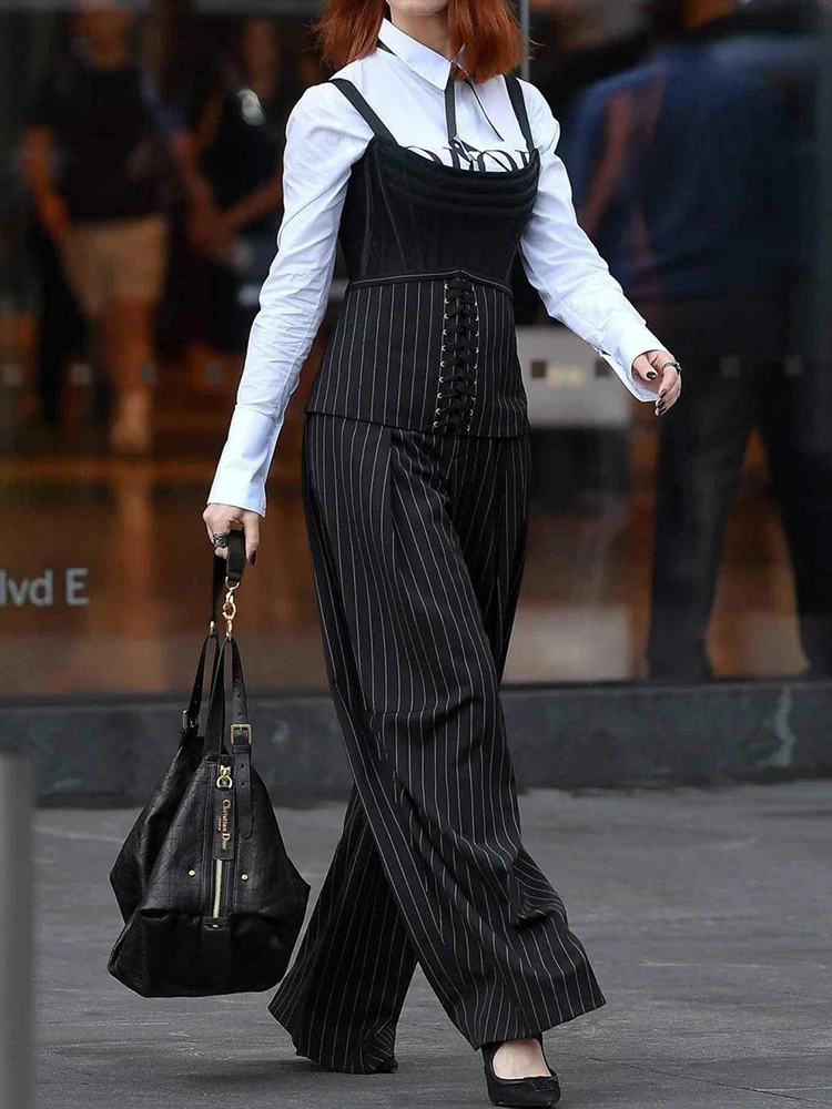 Pasyowane spodnie z wysokim stanem i szerokimi nogawkami, z wiązaniem w talii, damskie długie spodnie, nowość na jesień 2025