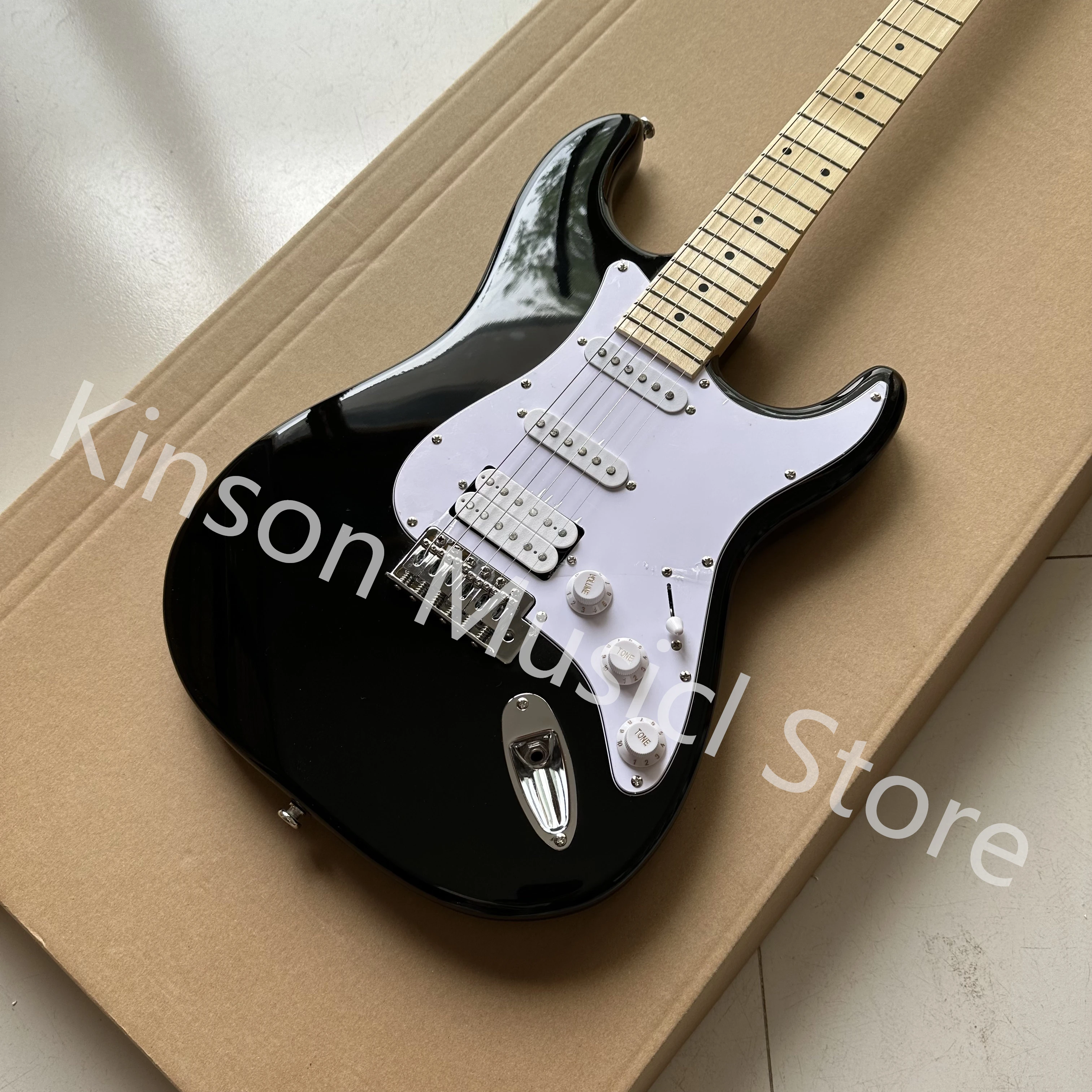 Black Electric Guitar, Maple Fingerboard, Silver Hardware, SSS pickup