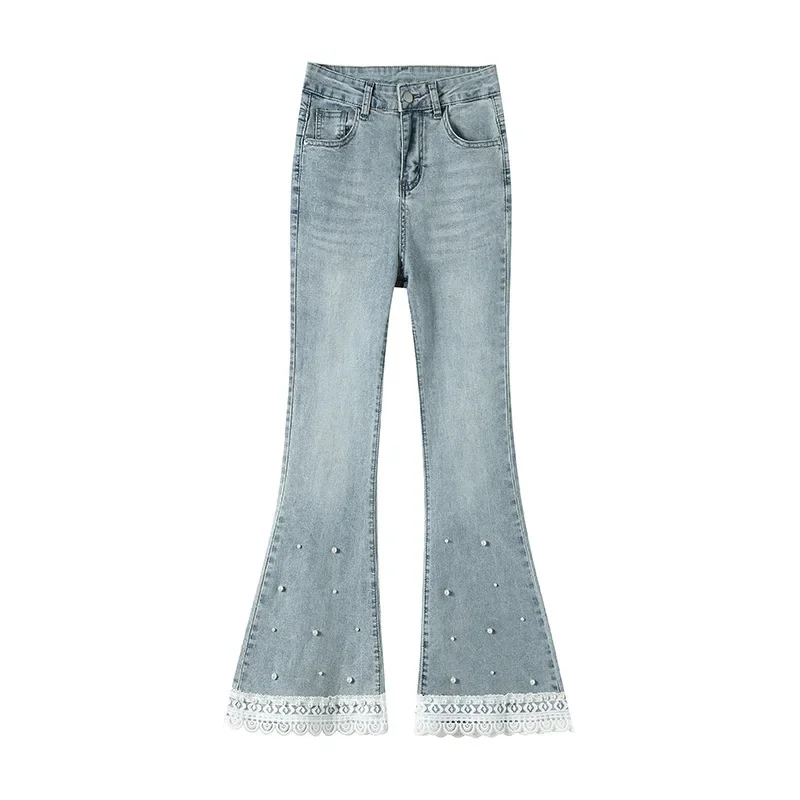 Primavera e outono Little Stature Lace Bead Denim Calças de cintura alta ligeiramente queimadas. Jean feminino Slim Temperament de nove quartos