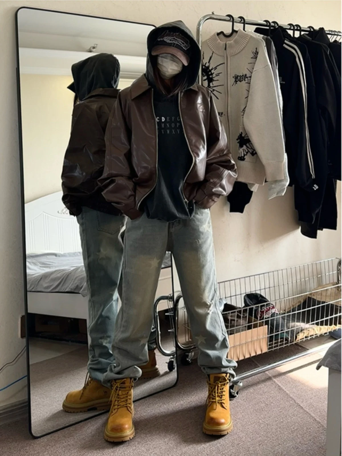 

Autumn Winter Men's Mud Color Jeans High Street Style Straight Leg Pants to Match Boots American Hip Hop Brand