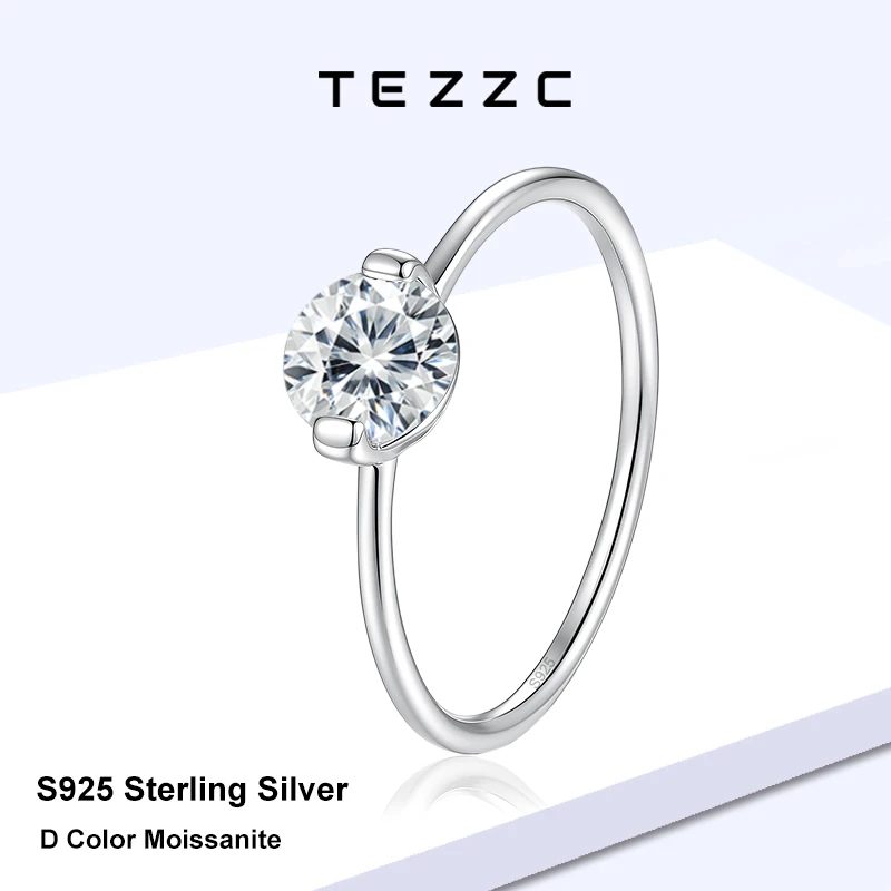 Tezzc White Gold 1ct Real Moissanite Engagement Ring for Women S925 Sterling Silver Lab Gemstone Promise Wedding Band Jewelry