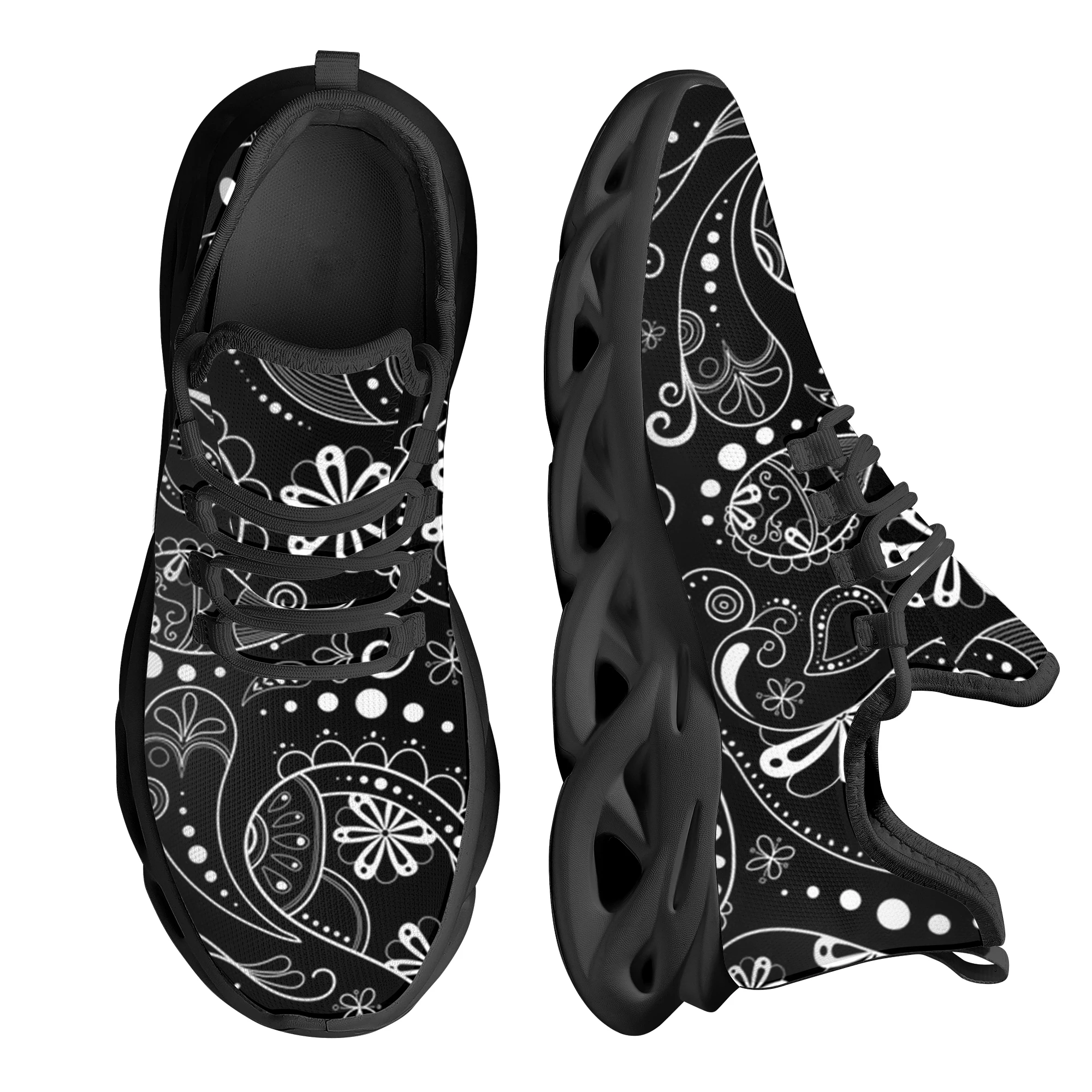 INSTANTARTS Black Boho Paisley Pattern Vulcanized Shoes High Quality Women Sneakers Lace Up Flats Shoes Women Loafers Plus Size