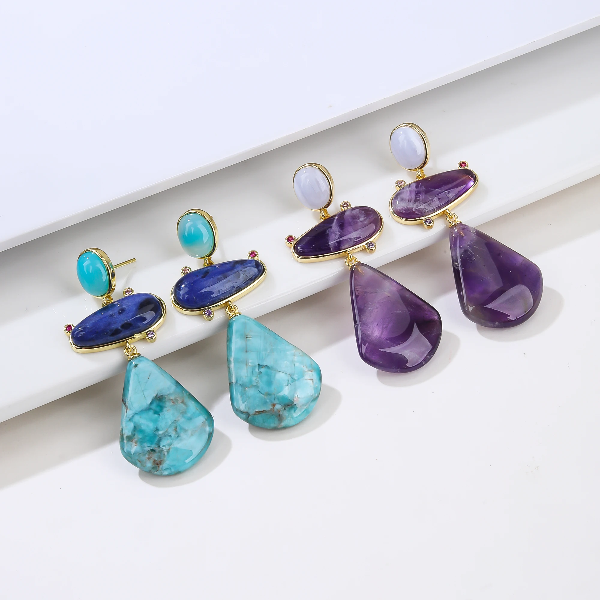 

High Quality Natural Amethyst and Blue Apatite Gemstone Drop Dangle Earrings New Arrival Fashion Jewelry