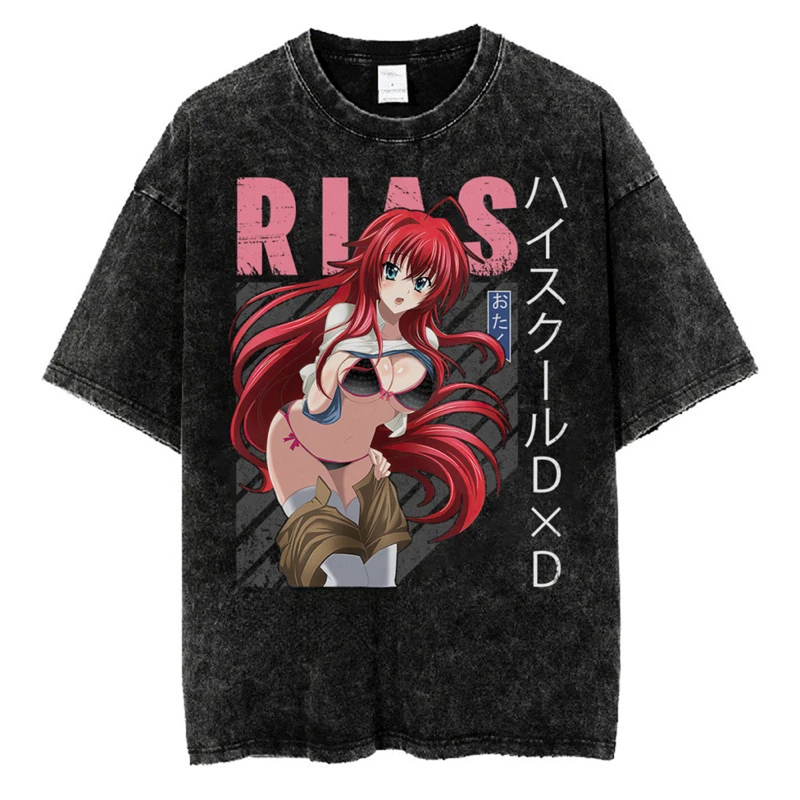 High School DxD Rias Gremory Merch Vintage Wash Tee T-Shirts Women Men Fashion Streetwear Short Sleeve Top