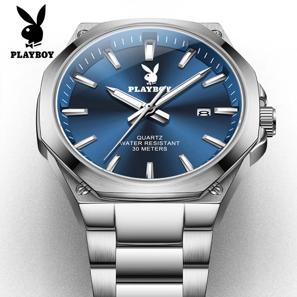 PLAYBOY Quartz Watches for Men Solid Steel Strap Simple Fashion Rhombus Case Original Men's Wristwatch Top Luxury Man Watch 3123
