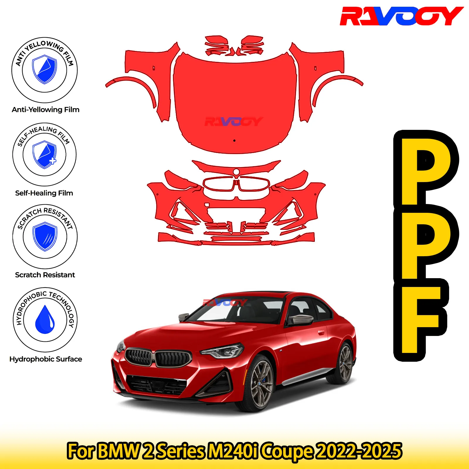 

For BMW 2 Series M240i Coupe 2022-2025 Glossy Matte Black Precut front PPF Kit Paint Protection Film