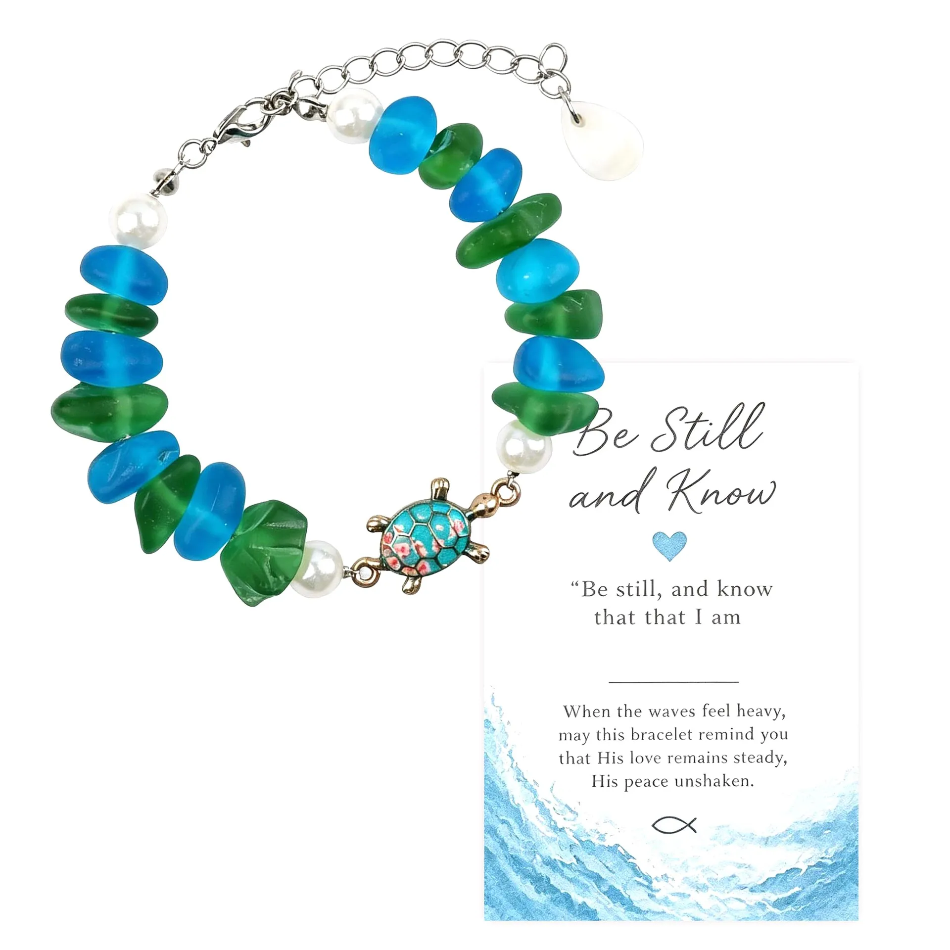 Sea Glass Bracelet with Turtle Pendant, Colorful Irregular Natural Sea Glass Crushed Stone Beaded Jewelry Gift for Women
