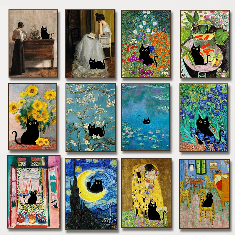 Vintage Funny Black Cat Series Canvas Wall Art, Unframed Van Gogh Starry Night Aesthetic Canvas Poster for Living Room Decortion