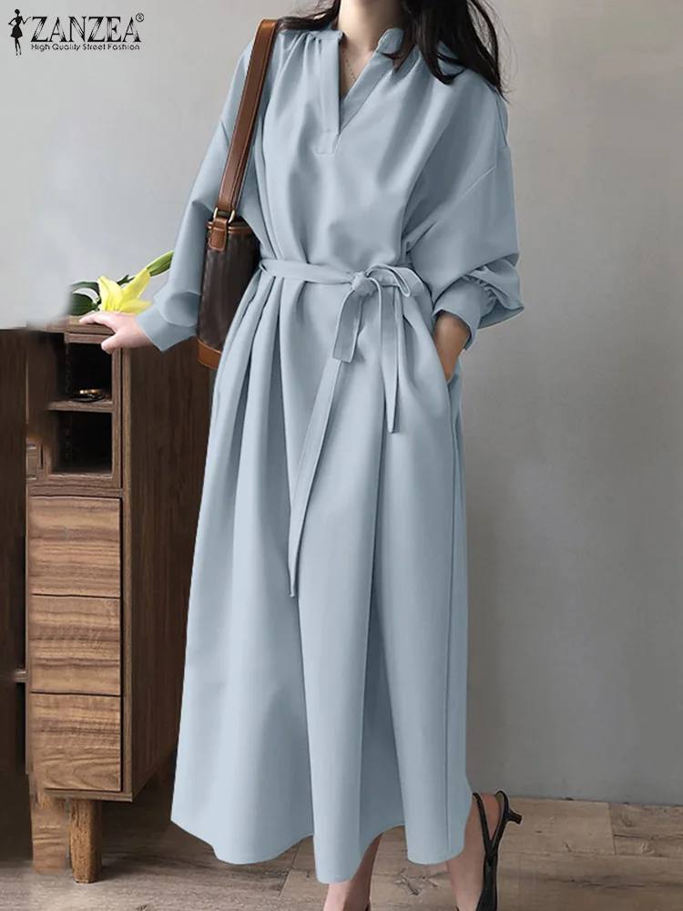 

ZANZEA 2024 V-neck Long Vestidos Women Shirt Dress Vintage Solid Spring Long Sleeve Belted Robes Office Lady Pocket Midi Dresses