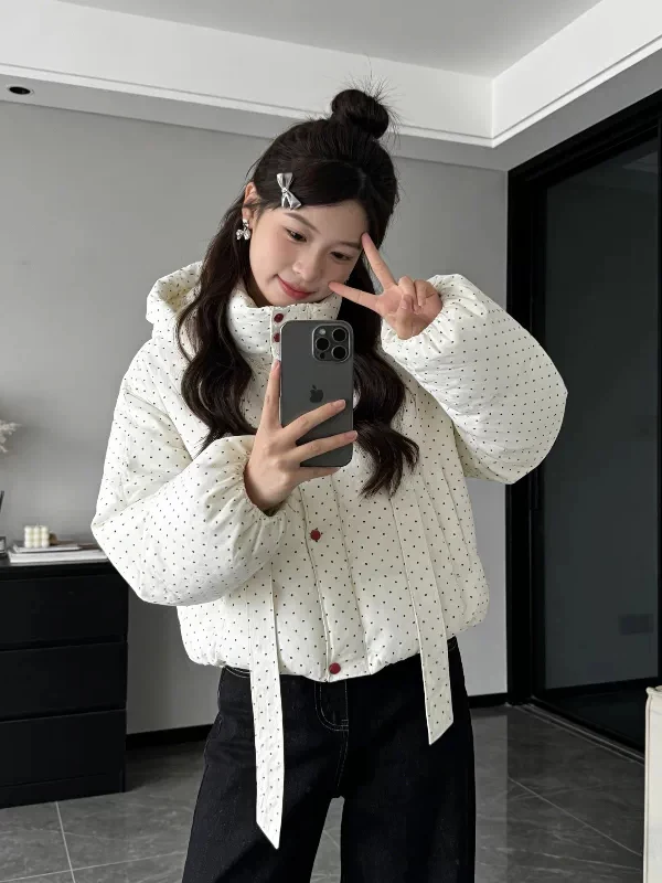 Polka Dot Print Thickened Warm Cotton Jacket Women's Loose Fit Hooded Coat Autumn Winter Cold Resistance round Dot Pattern