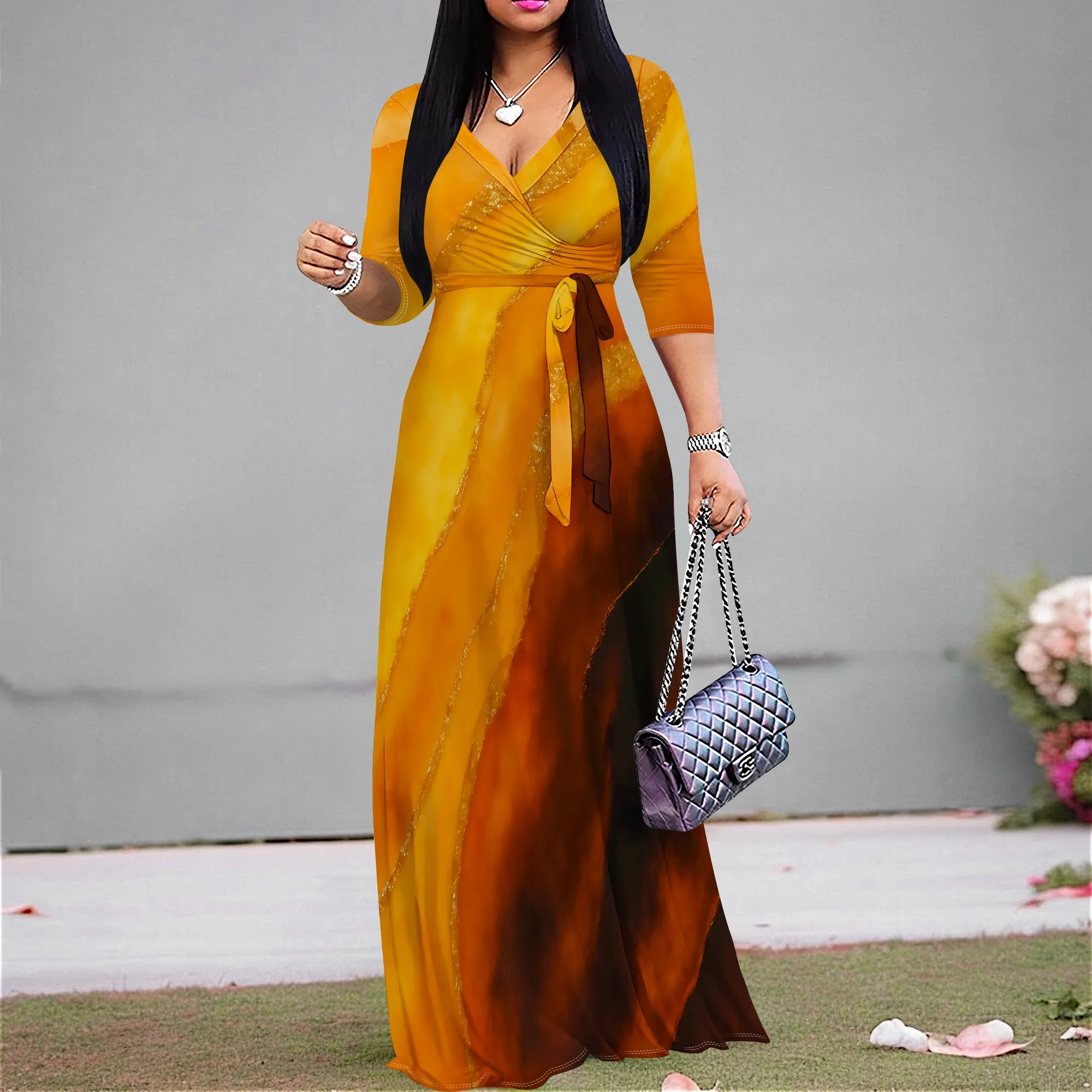 

Women's Bohemian Maxi Dress XS-3XL, Ombre V-Neck Half Sleeve Wrap, Elegant Casual Vacation A-Line Sundress