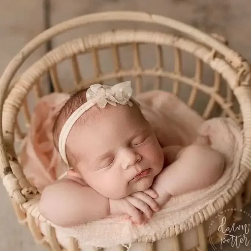 Retro Rattan Round Basket Chair - Newborn Bebe Photography Props, Posing Bed Background & Photo Accessories for Baby Girl Boy
