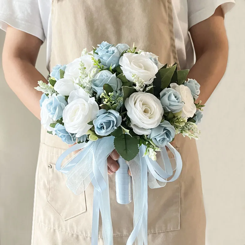Ramo de flores blancas y azules para boda, accesorios nupciales, flores de seda para matrimonio, rosas artificiales, ramo de boda para novia y dama de honor