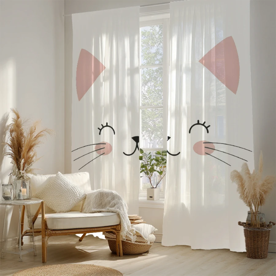 2PCS Digital Print Sheer Curtain, Beautiful Smiley Cat, Vintage Floral Window Curtains for Living Room Bedroom Home Decor - view 6