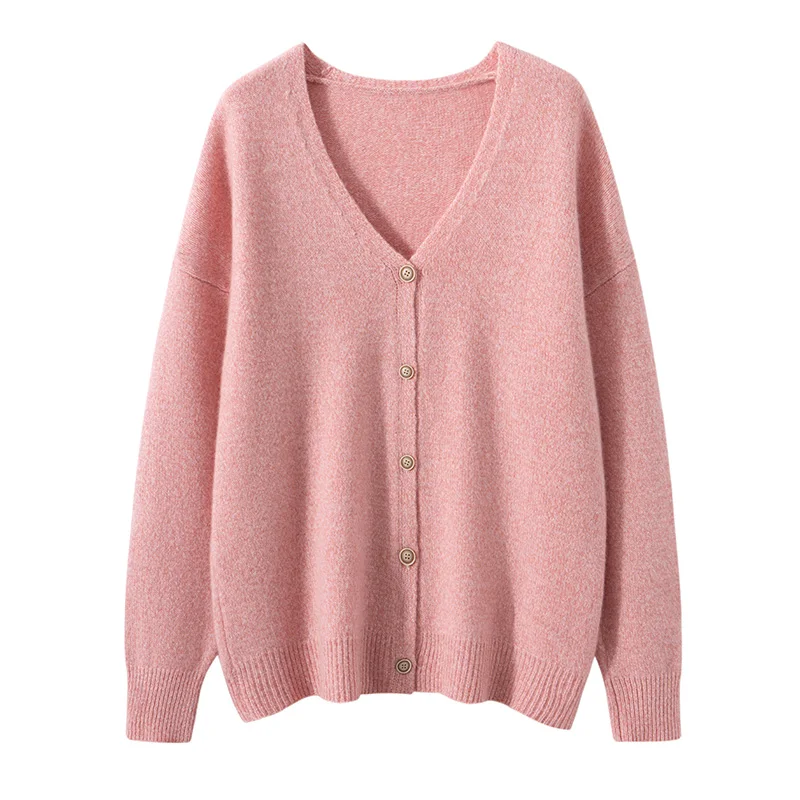 

Autumn Winter Women's 100% Cashmere V-neck Cardigan Sweater Soild Versatile Single Breasted Long Sleeve Kintwear Jacket Outwear