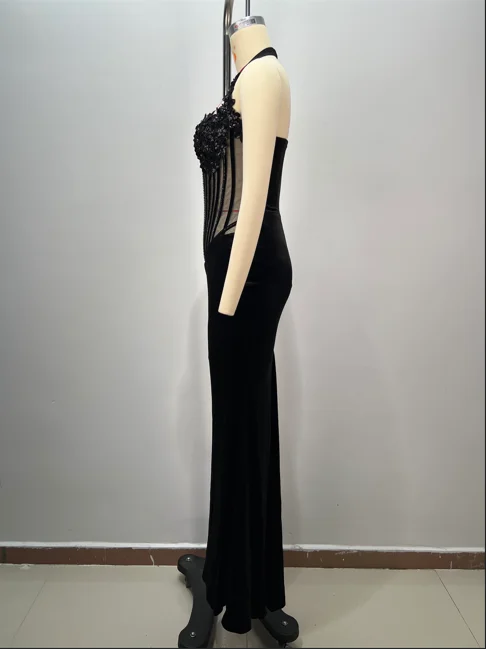 Damen-Verband, mit Kristallen verziertes Neckholder-Kleid mit transparentem Oberteil, sexy schwarzes Meerjungfrau-Abendkleid, rückenfreies Ballkleid