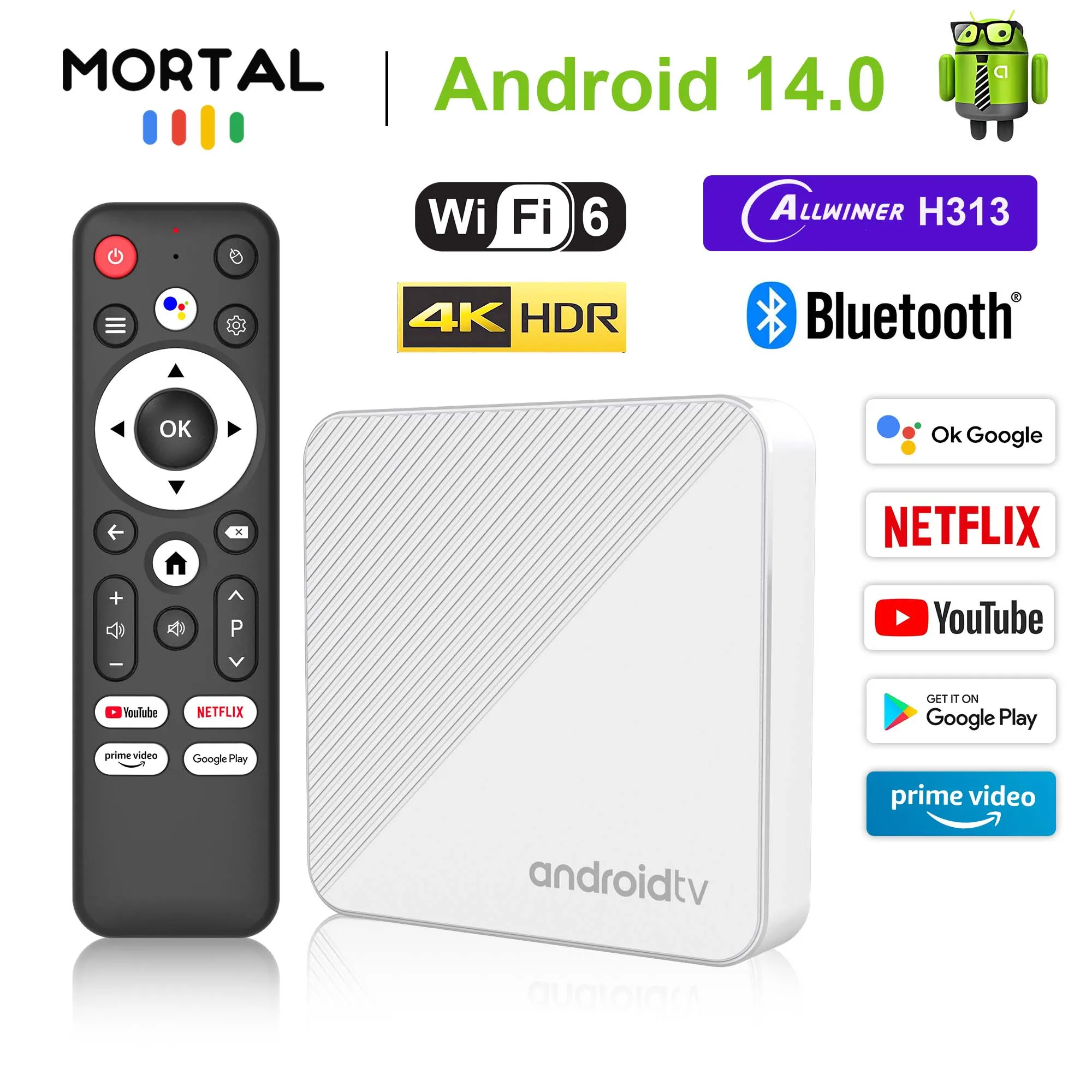 Mortal T1X Android14.0 Smart TV BOX AllwinnerH313 Youtube Tiktok Google Netflix 2.4G&5G Wifi 5V/2A High Definition Set Top Box