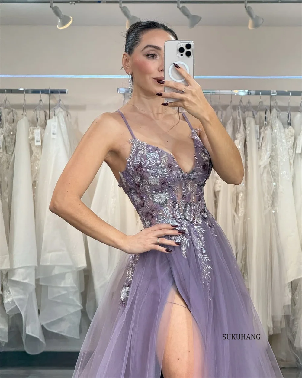SUKUHANG السباغيتي حزام الأرجواني ألف خط فساتين السهرة تول فساتين حفلة موسيقية يزين حسب الطلب #2