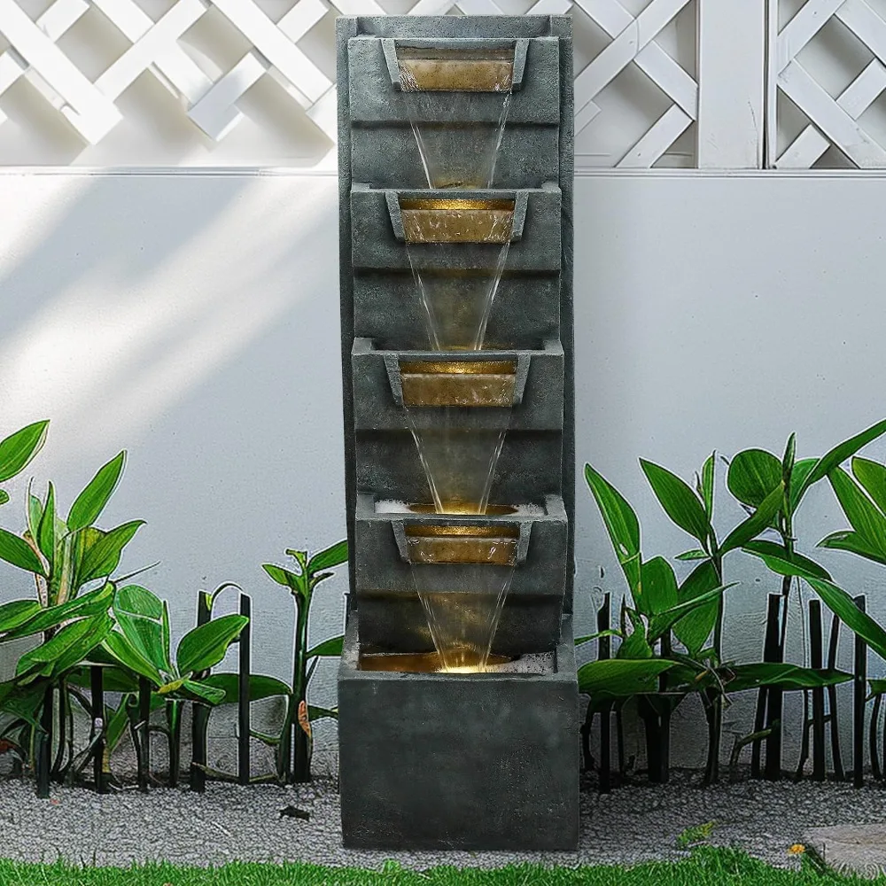 39.3" H Modern Water Fountain 5-Tier Outdoor Garden - Water Fountain w/LED Lights Cascading Waterfall Features for Home Garden B