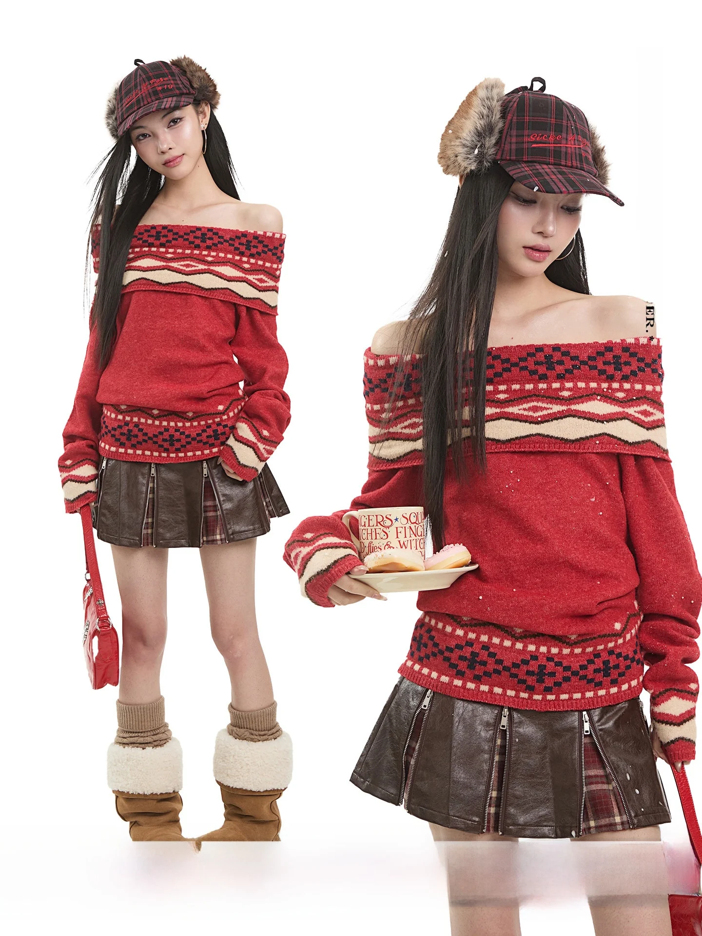 

Вязаный свитер UNCMHISEX в стиле ретро с узором «Фэр-айл», на одно плечо, женский, осенне-зимний, универсальный, теплый, с открытым плечом