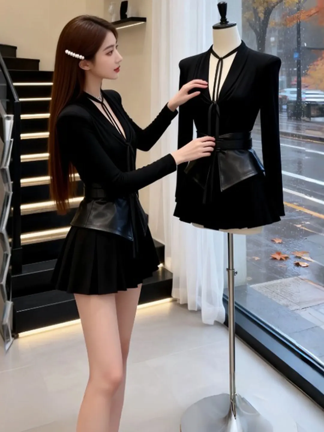 

Hebden Sle Ele V-ne Top Skirt Two-piece Set Spring 2026 Casual Work Par Date Warm Cotton High Waist Slim Fit