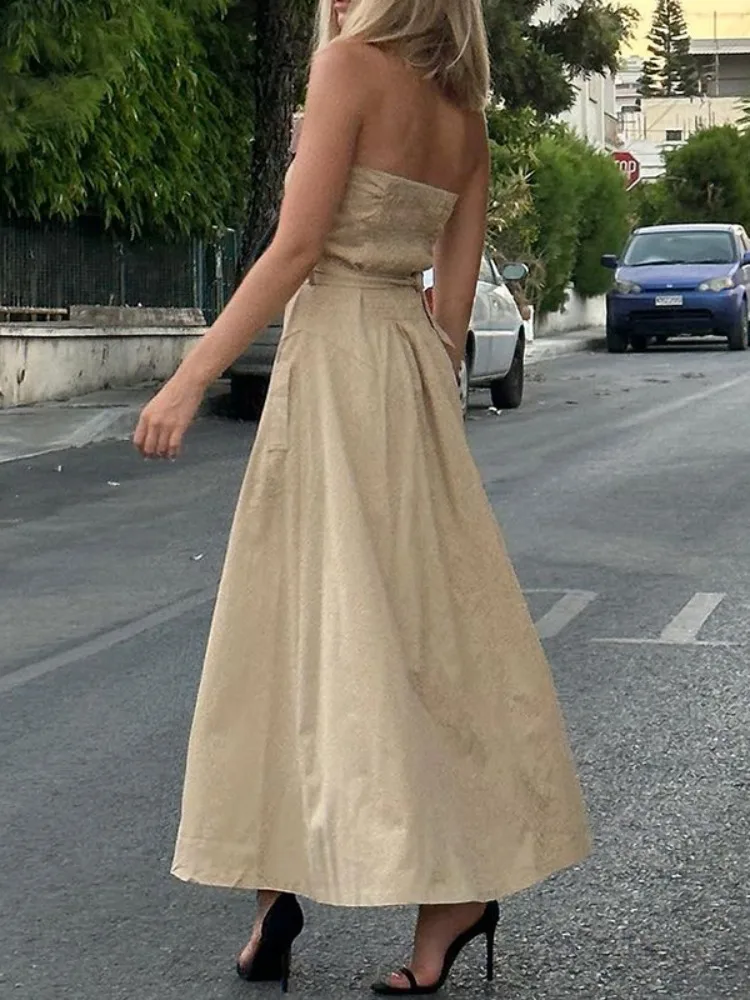 Onecozyday 2025 elegante vestido sin tirantes para mujer Color sólido abotonado cintura alta Maxi vestido con cinturón plisado vestidos de fiesta