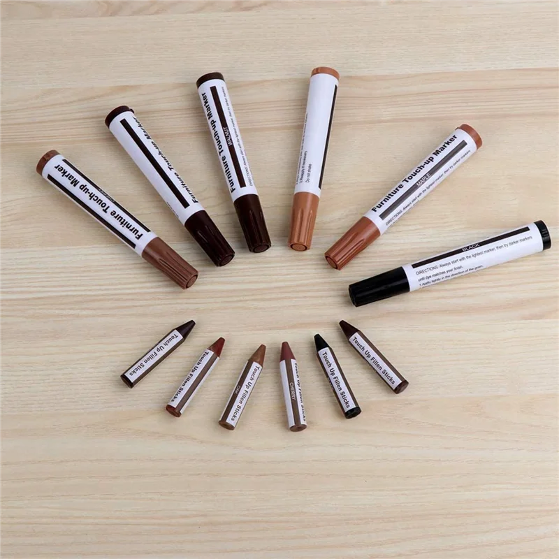 ชุดซ่อมเฟอร์นิเจอร์เครื่องหมายไม้ - ชุด 13 ชิ้น - เครื่องหมายและแท่งขี้ผึ้งพร้อมชุดเหลาสําหรับรอยขีดข่วนพื้นไม้ ZJY
