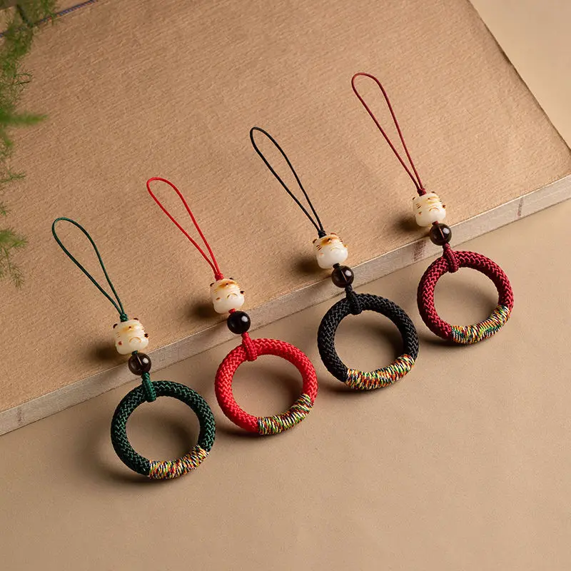Ring Buckle Mobile Phone Chain Hanging Decoration Lucky Cat Car Keychains Hand Woven Rope Wrist Style For Men And Women