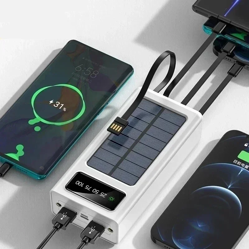 50000mah Solar Power Bank Comes With 4 Built-in Cables Solar Charger Port External Charger Power Bank Suitable For Iphone New