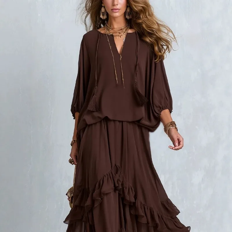 Women Boho Two Piece Outfit Tassel Tie V Neck Lantern Sleeve Top Irregular Ruffle Long Skirt Set