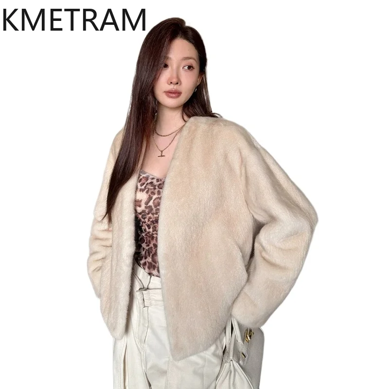 KMETRAM Real Purple Label Velvet Mink Fur Coat Woman Fashion Short Fur Jacket V-Neck Winter Warm Coats Women Clothing 60cm 2026