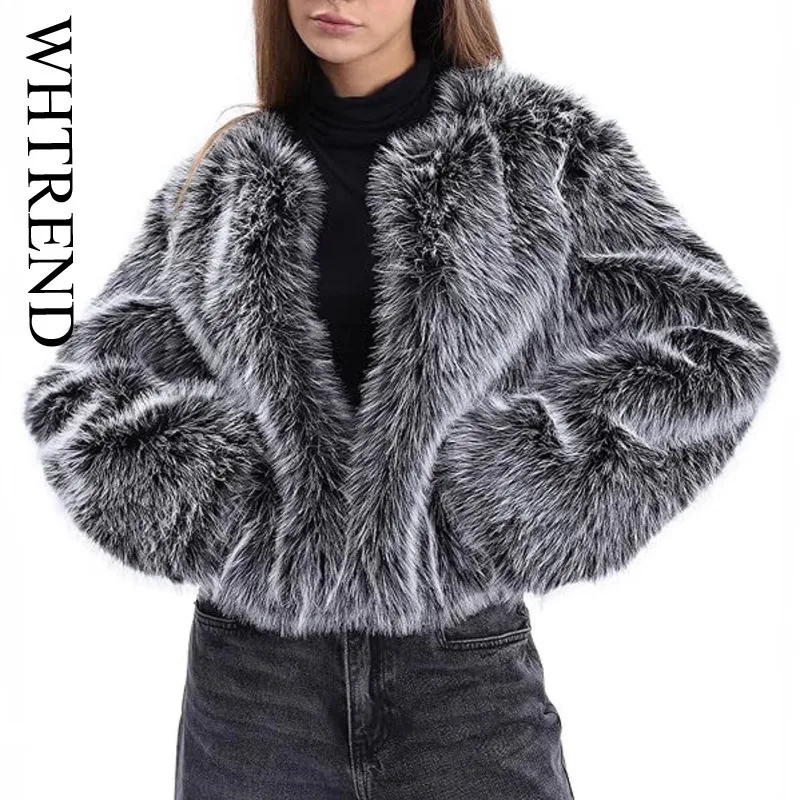 

WHTREND Women's Faux Fur Coat Long Sleeves Open Stitch Winter Short Jacket Coat With Pockets WH2142