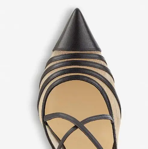 جديد للنساء جلد أسود شبكة الهواء خليط وأشار اصبع القدم عبر حزام كعب خنجر جوفاء الصنادل الصيفية حزب اللباس مضخات الأحذية