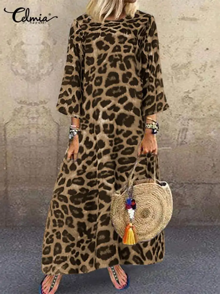 Celmia Casual Loose O Neck Vestido 2023 Fashion 3/4 Sleeve Dress Women Leopard Print Kaftan Maxi Dress Holiday Leisure Long Robe