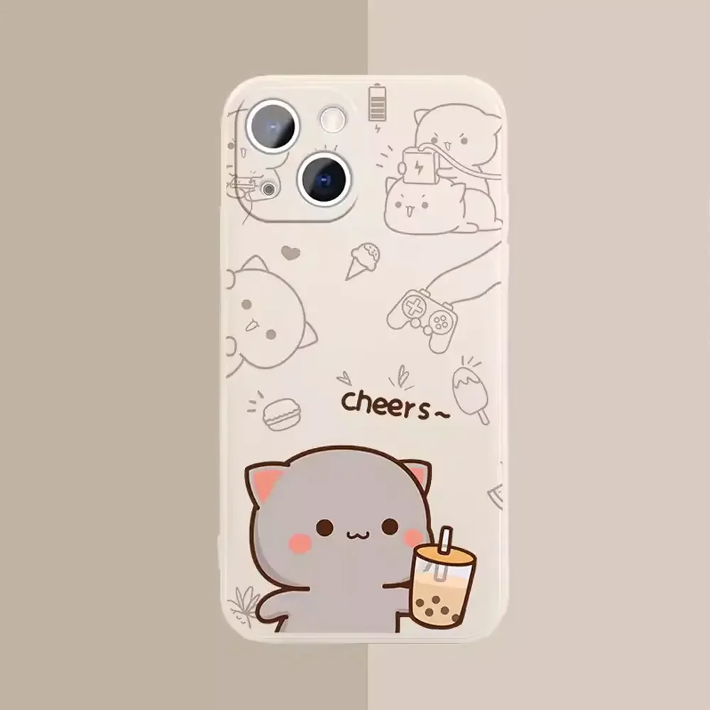 Cartoon Peach Mochi Cat Couple Phone Case for IPhone 15 14 13 12 11 Pro Mini X XR XS MAX 7 8 Plus Cute Animal Paired Soft Covers