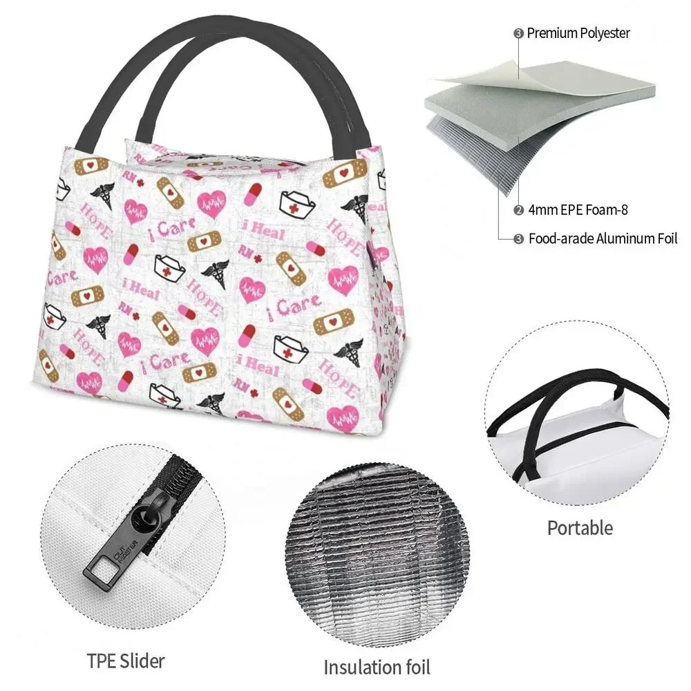 Pink Nurse Life Insulated Lunch Tote Bag for Women Nursing Print Portable Thermal Cooler Bento Box Work Travel Food Bags